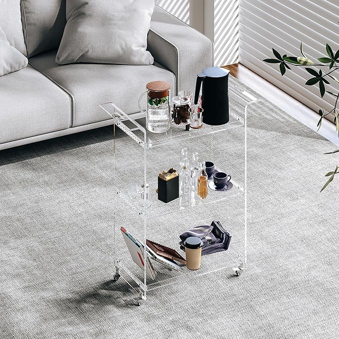 Dethan Acrylic Bar Cart – Clear 3-Tier Utility Rolling Serving Cart with Lockable Wheels, Modern Transparent Bar Cart for Home, Kitchen, Bedroom, or Office – Compact Acrylic Side Table Storage