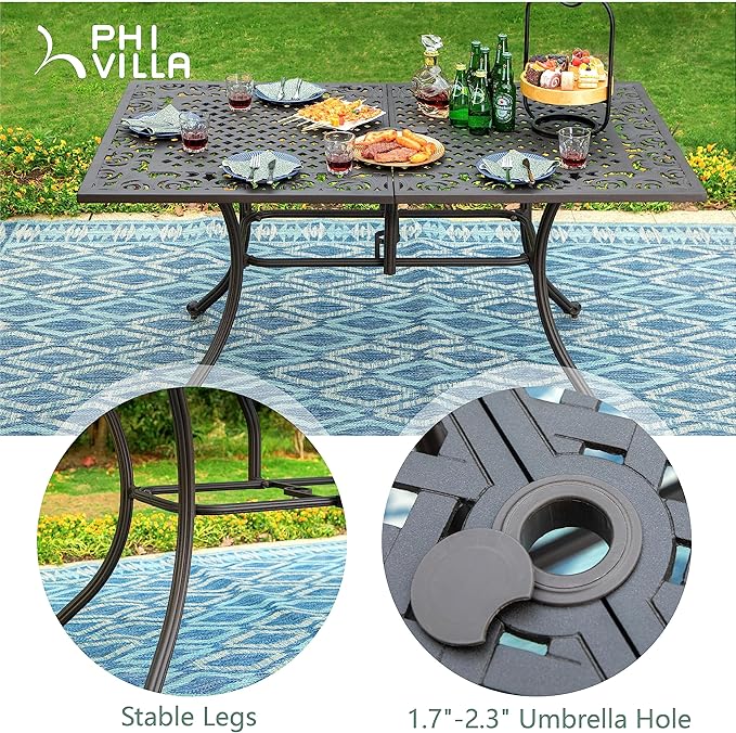 PHI VILLA Cast Aluminum Rectangular Patio Dining Tables for 6 Person, 64" x 37" Engraved Cast-Top Aluminum Table with 2.3" Umbrella Hole, Lawn Garden Tables for All Weather