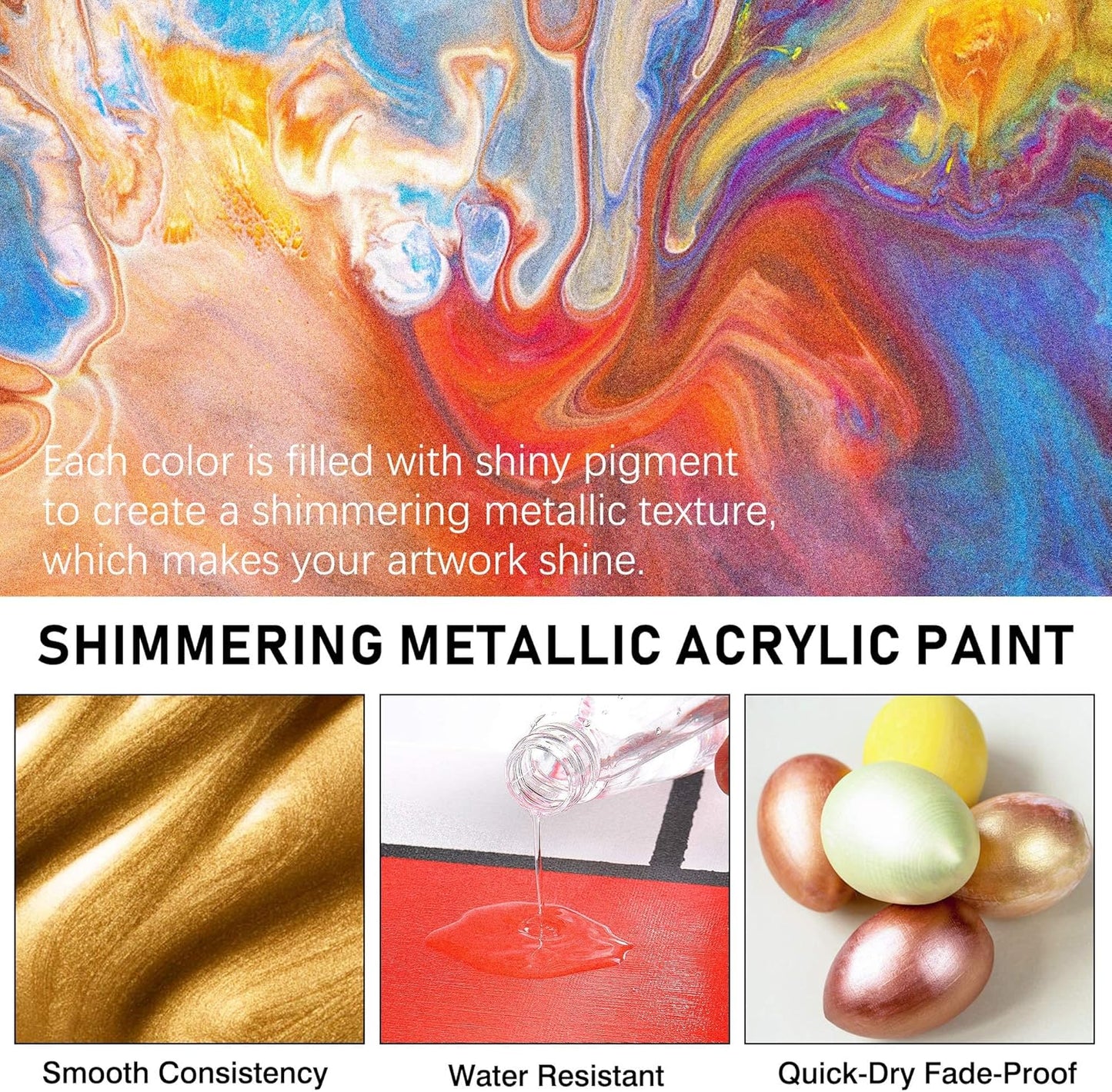ABEIER Metallic Acrylic Paint, Set of 24 Metallic Colors in 2oz/60ml Bottle, Rich Pigments, Non Fading, Non Toxic Paints for Artist, Beginners & Kids Painting on Rocks Crafts Canvas Wood, Fabric&Stone