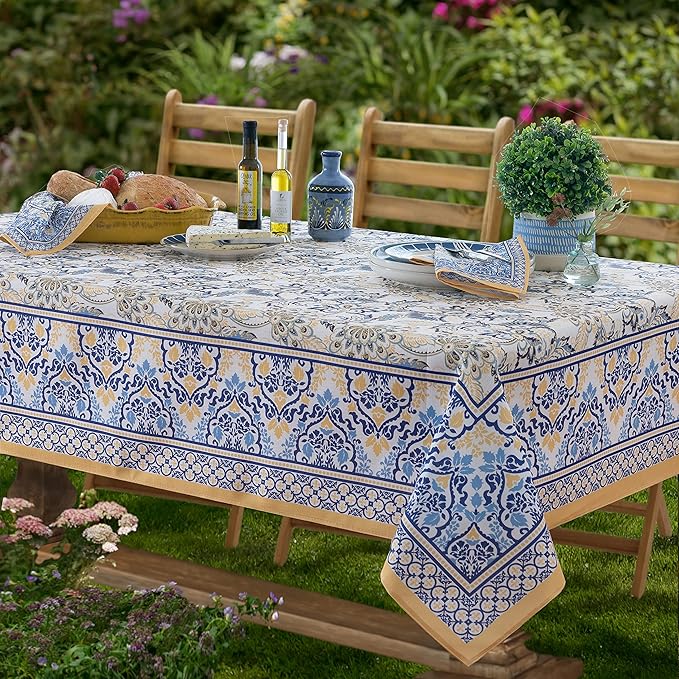 Home Bargains Plus Rectangle Fabric Napkins, Set of 8 Napkins, Allure Yellow and Blue Floral Bordered Print, Indoor Outdoor Stain and Water Resistant Napkins, Provence French Country