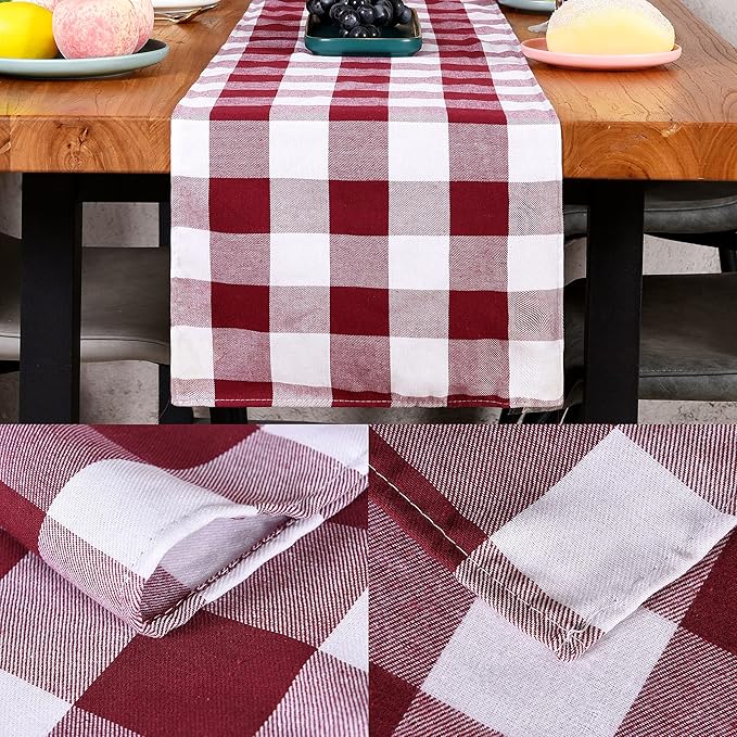 Tosewever Buffalo Check Plaid Farmhouse Table Runner, Cotton Polyester Blend Classic Family Dinner Table Runners for Indoor Outdoor Parties Events Home Decoration (Red and White, 14 x 72 Inch)