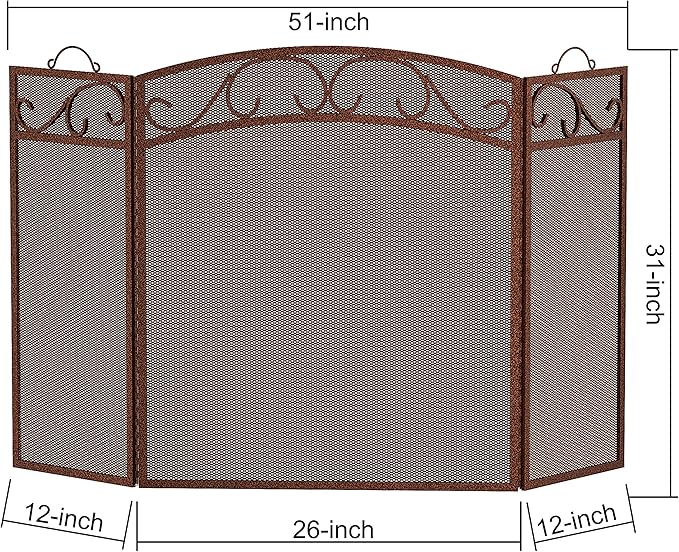 Fire Beauty Fireplace Screen 3 Panel with Handles Wrought Iron 51"(L) x31(H) Spark Guard Cover(Antique Bronze)