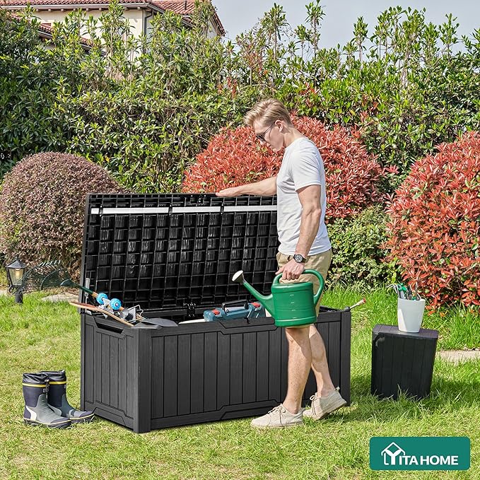 YITAHOME 120 Gallon Large Deck Box, Resin Outdoor Storage Box for Outdoor Pillows, Garden Tools and Pool Supplies, Waterproof, Lockable, Black