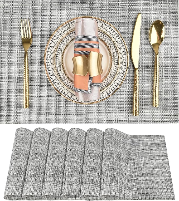 SLKQG Gray Placemats Set of 6 - Easy Clean Washable Vinyl Placemats - Wipeable Heat Resistant Table Mats for Dining Table - 17.7x11.8 Inch (6, Gray Black White)