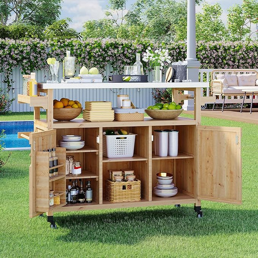 Garvee Outdoor Grill Cart with Storage, Outdoor Bar Cart Rolling BBQ Movable Pizza Oven Table Stand, Kitchen Island Carts with Stainless Steel Top, Spice Rack, Towel Rack & Storage Cabinet, Natural