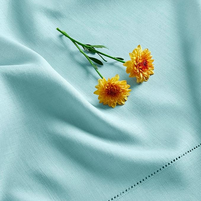 Solino Home Linen Aqua Blue Table Runner 156 Inches Long - 100% Pure Linen Extra Long Table Runner 14 x 156 Inch for Winter, Spring, Easter - Classic Hemstitch