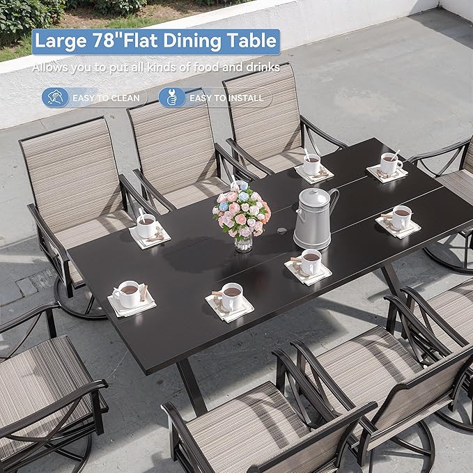 Kurapika 9-Piece Patio Dining Set, Patio Furniture Set for 8, Outdoor Large Metal Table with Umbrella Hole and Textilene Swivel/Rocking Chairs, for Garden, Deck, Porch, Pool All Weather, Brown