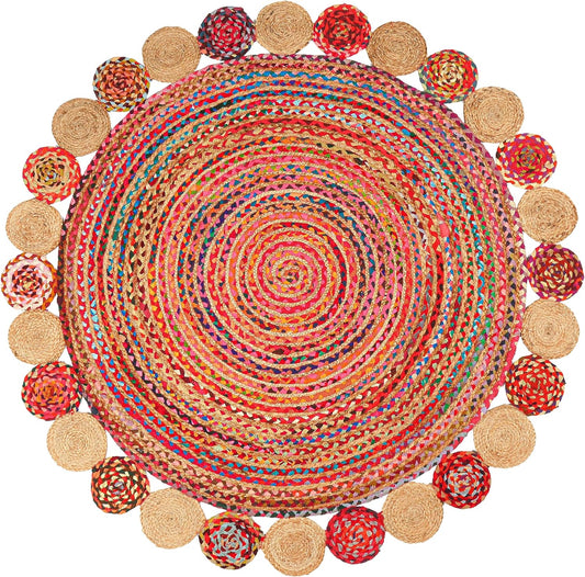 6' Round Handwoven Jute Chindi Area Rug - Colorful Boho Rugs for Living Room - Hand Braided Multicolor Bohemian Rug for Farmhouse, Bedroom, Dining Room, Classroom, Hallway, Kitchen, Office