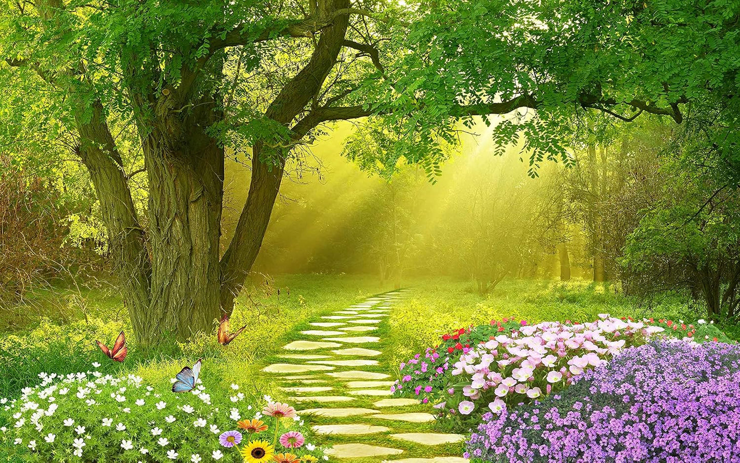 Forest Wallpaper Flower and Road in Forest Wall Mural for Bedroom Living Room TV Background Sofa Wall（Not Peel and Stick）