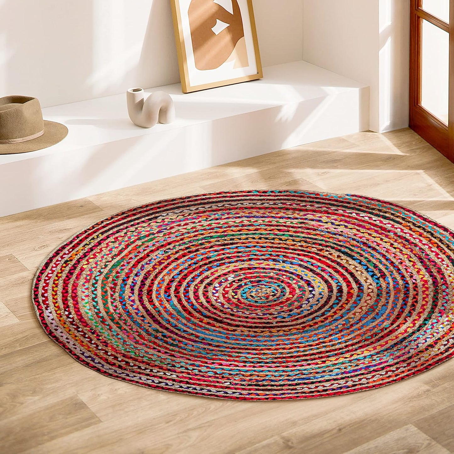3' Round Handwoven Jute Chindi Area Rug - Colorful Boho Rugs for Living Room - Hand Braided Multicolor Bohemian Rug for Farmhouse, Bedroom, Dining Room, Classroom, Hallway, Kitchen, Office