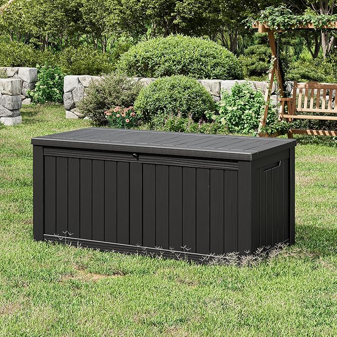 NUNU LAB Outdoor Storage Box 150 Gallon,Resin Large Sturdy Deck Box, Backyard Outside Storage Box Waterproof with Double Wall Panels,Package Delivery Box,Garden Box,Tool Box,Outdoor Hose Storage Bin