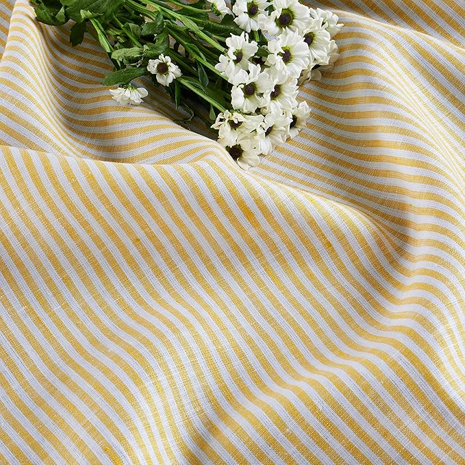 Solino Home Linen Table Runner 36 Inches - Narrow Stripe 100% Pure Linen Spicy Mustard and White Table Runner 14 x 36 Inch Ideal for Dresser and Coffee Tables, Spring, Easter