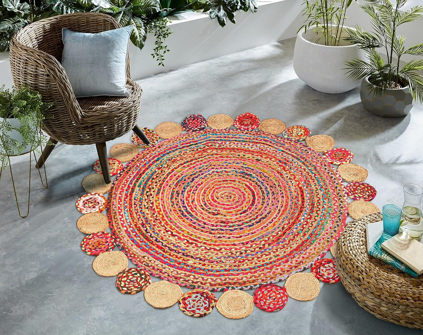 5' Round Handwoven Jute Chindi Area Rug - Colorful Boho Rugs for Living Room - Hand Braided Multicolor Bohemian Rug for Farmhouse, Bedroom, Dining Room, Classroom, Hallway, Kitchen, Office