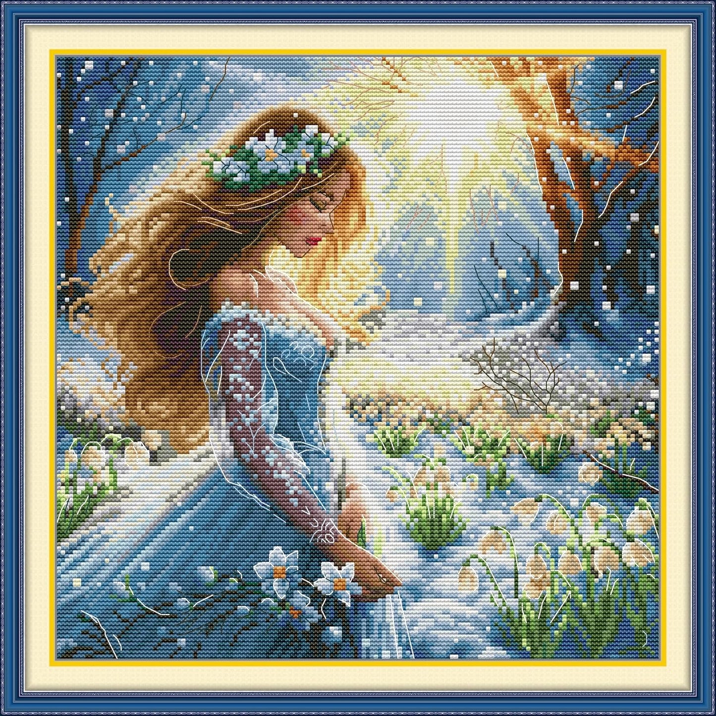 Threadhaven Cross-Stitch Kit 14CT Aida Counted Embroidery Complete Set with Fabric, Threads, Needles & Chart-Premium Beautiful Girls Design for Adults & Beginners- Snow Fairy 13.4''×13.4''