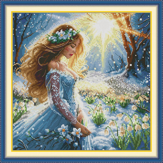 Threadhaven Cross-Stitch Kit 14CT Aida Counted Embroidery Complete Set with Fabric, Threads, Needles & Chart-Premium Beautiful Girls Design for Adults & Beginners- Snow Fairy 13.4''×13.4''