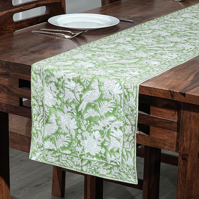 CPC Cotton Table Runner 16x90 Inch Block Printed Long Fall Table Runner for Dining Table, Card Table, Coffee Table, Wedding, Farmhouse & Outdoor Barbeque-Olive Green