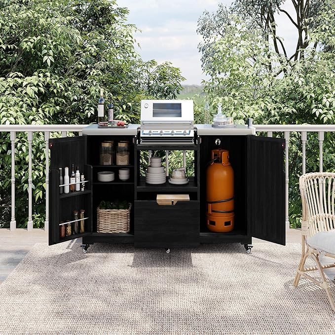 66.5" Outdoor Kitchen Island with Stainless Steel Top for Big Green Egg, Rolling Grill Cart with Adjustable Shelves, Lockable Wheels, Outdoor Table and Bar Storage Cabinet for Patio