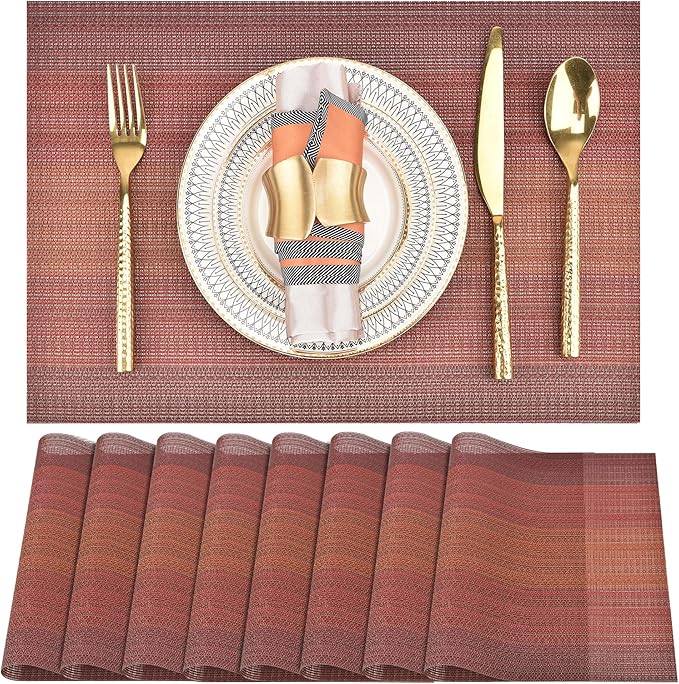 SLKQG Placemats Set of 8 - Easy Clean Washable Vinyl Placemats - Wipeable Heat Resistant Table Mats for Dining Table - 17.7x11.8 Inch (8, Red Gradient)