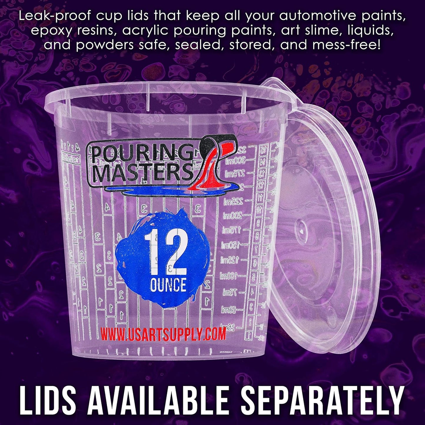 Pouring Masters 12 Ounce (350ml) Graduated Plastic Mixing Cups (Box of 20) - Paint Mixing Cups for Epoxy Resin, Art, Kitchen, Baking - Measurements in OZ and ML, 4 Different Measuring Ratios 1:1