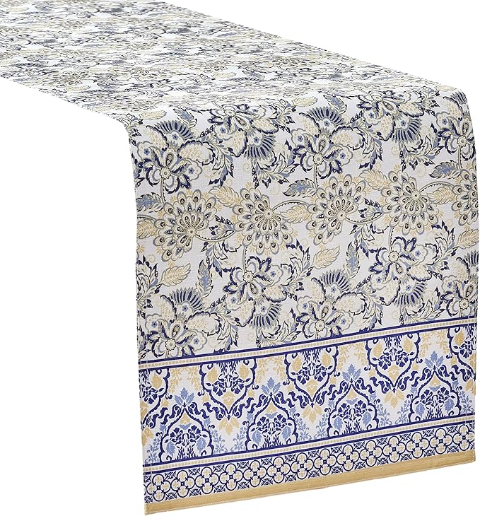 Home Bargains Plus Rectangle Fabric Table Runner, 70 Inch Long, Allure Yellow and Blue Floral Bordered Print, Indoor Outdoor Stain and Water Resistant Table Runner, Provence French Country