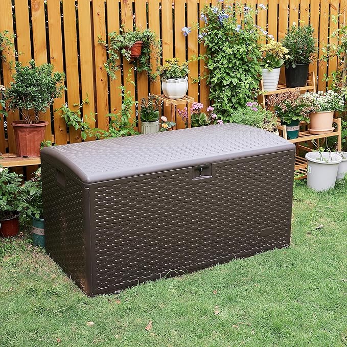 Amazon Basics Outdoor Organization & Storage Deck Box with Lid, 99 Gallon, Brown